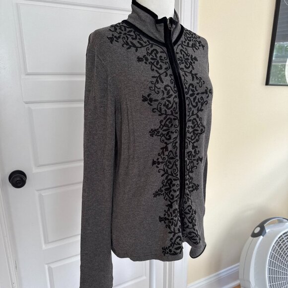 CAbi Long Sleeve Gray Cardigan With Black Velvet Scroll Trim - Picture 7 of 8